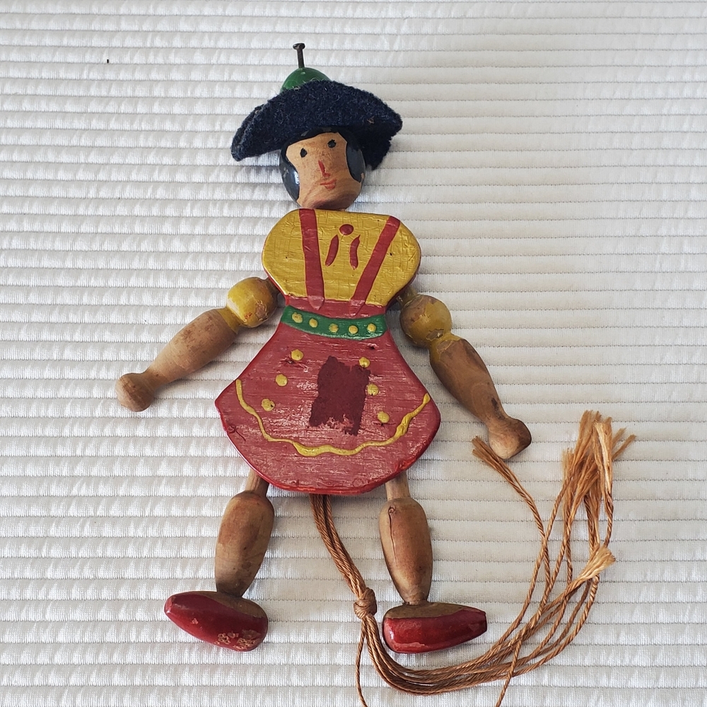 Hampelmann Jumping Jack Pull String Boy Toy 7" Wood Vintage Jointed Puppet Doll